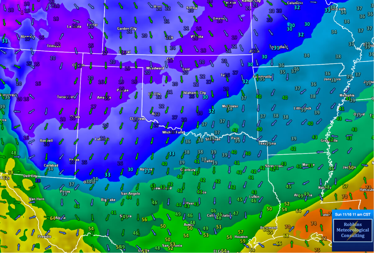 Observed temperatures at 11 am CST Sunday, November 16