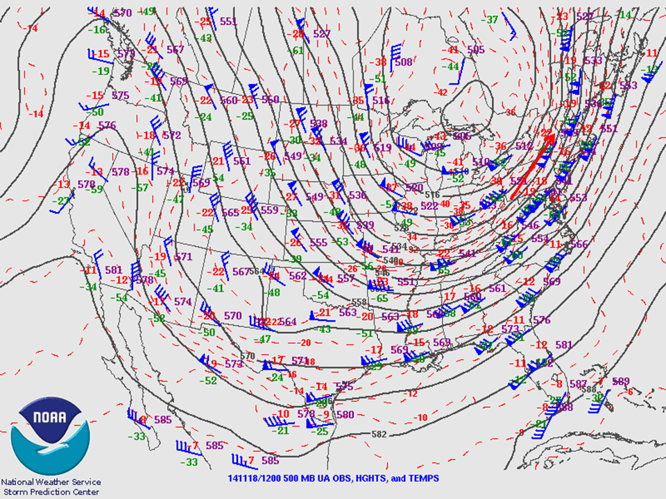 500-mb analysis from this morning with the geostrophic wind vector over western New York in red.