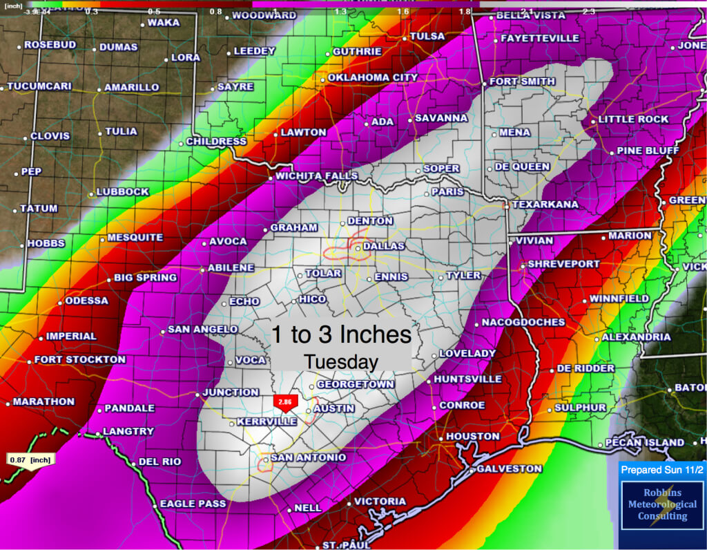 My expected rainfall amounts on Tuesday, generally 1 to 3 inches across North Texas. 
