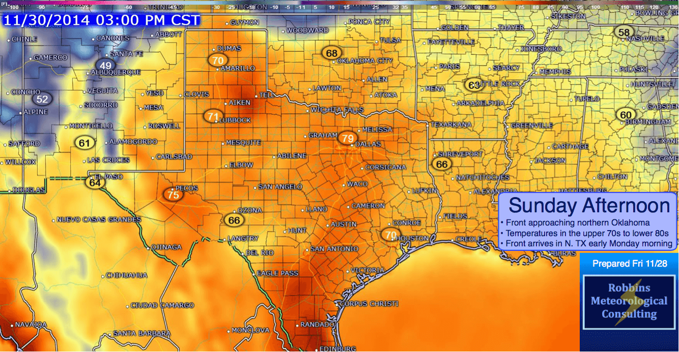 Snapshot of temperatures at 3 pm Sunday (November 30). High temperatures should be in the upper 70s to lower 80s.