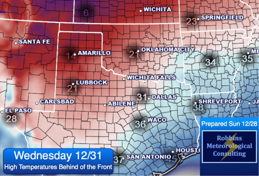 High temperatures over N. TX, behind the Arctic front. Most locations at or below freezing, especially the northwestern 1/2 of the area.