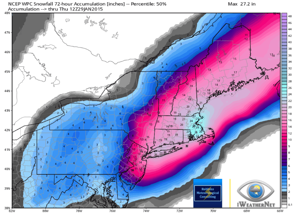 72-hour snowfall accumulation within the 50th percentile through Thursday morning (January 29 at 6 am EST)