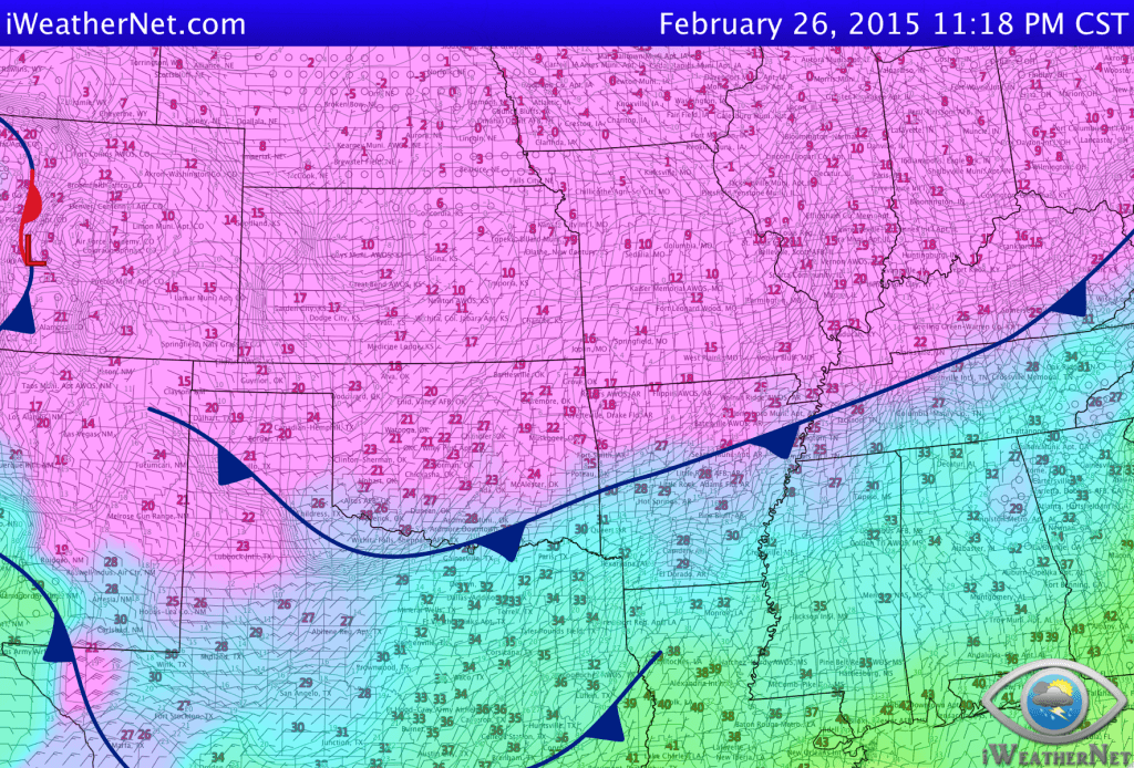 11:18 pm CST February 26, 2015, fronts and temperatures. The solid isolines are dew point temperatures