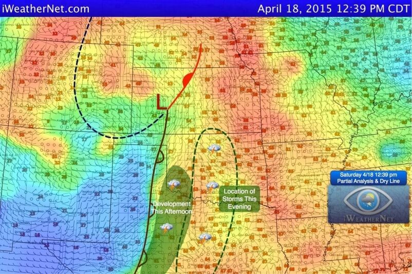 Partial analysis at 12:39 pm, Saturday 4/18. Color = Relative Humidity, Solid=Dew Point