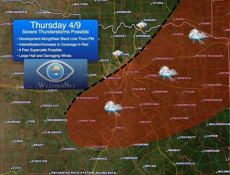My projected area for thunderstorm initiation and severe thunderstorms on Thursday 4/9