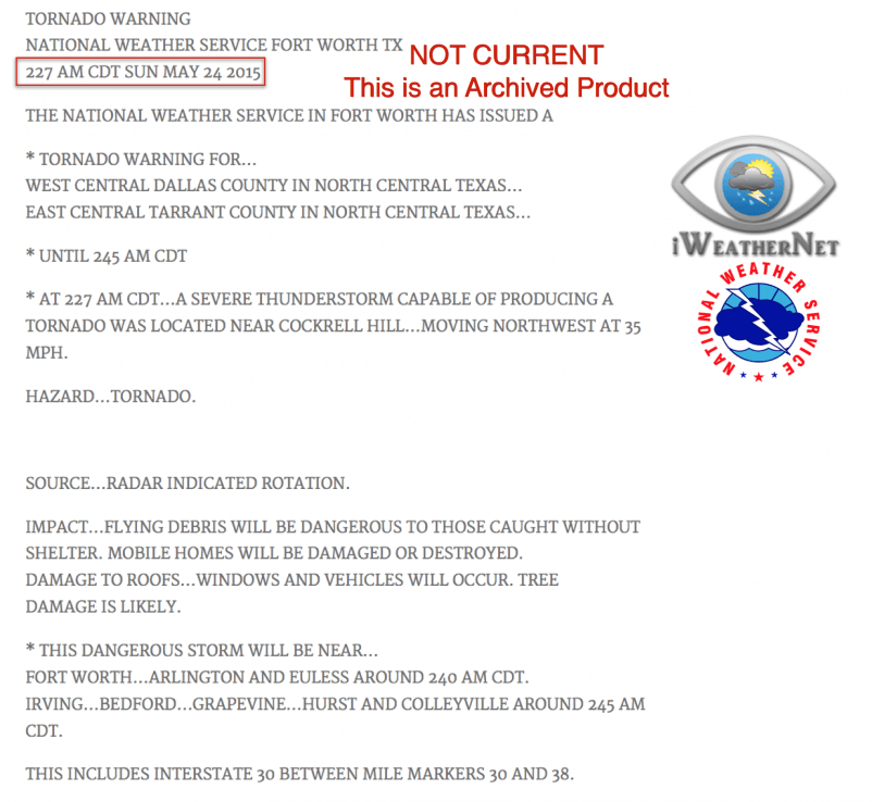 The Tornado Warning for western Dallas/eastern Tarrant Counties issued at 2:27 am Sunday 5/24/15