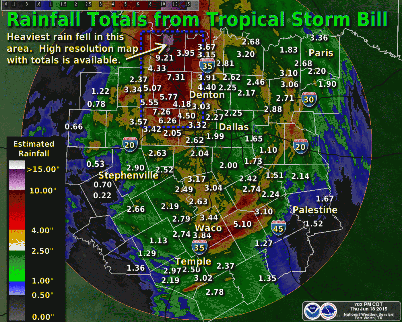 Total rainfall from Tropical Storm Bill in North Texas. 