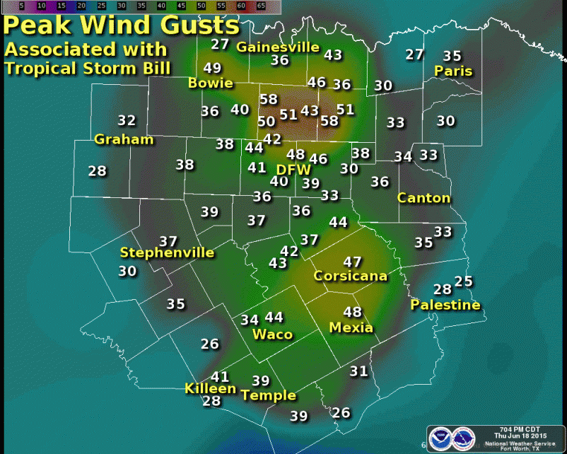 Peak Wind Gusts in North Texas from Tropical Storm Bill on Wednesday, June 17, 2015
