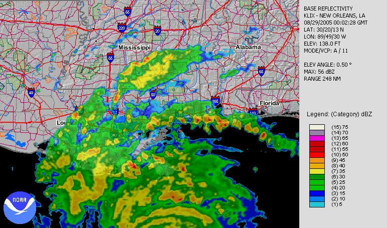 Animated radar image of Katrina making landfall on Monday, August 29, 2005. 