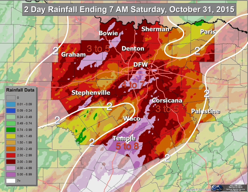 Rainfall from the heavy rain event over North Texas and DFW on Friday October 30 into Saturday October 31 (ending 7 am).