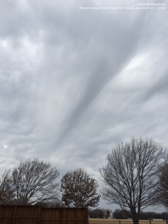 Snow virga over North Texas. Virga is precipitation that evaporates or sublimates before reaching the ground. Rain evaporates, ice sublimates. In this case, snow virga was streaking across the North Texas sky and showed up well on radar also. No snow reached the ground.