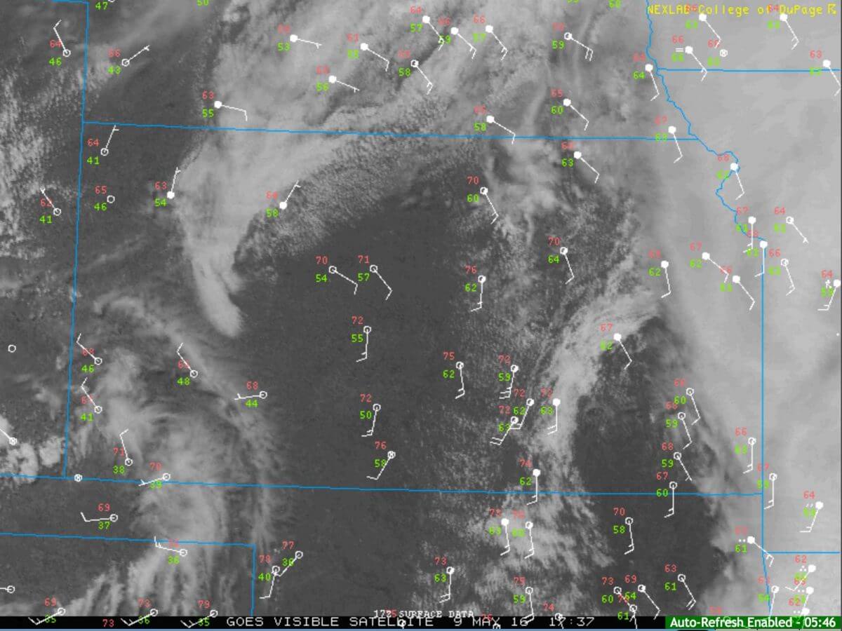 1-km visible satellite imagery as of 12:37pm CDT, Monday, May 9th. Note that dew points were in the mid-60s in northern Kansas.