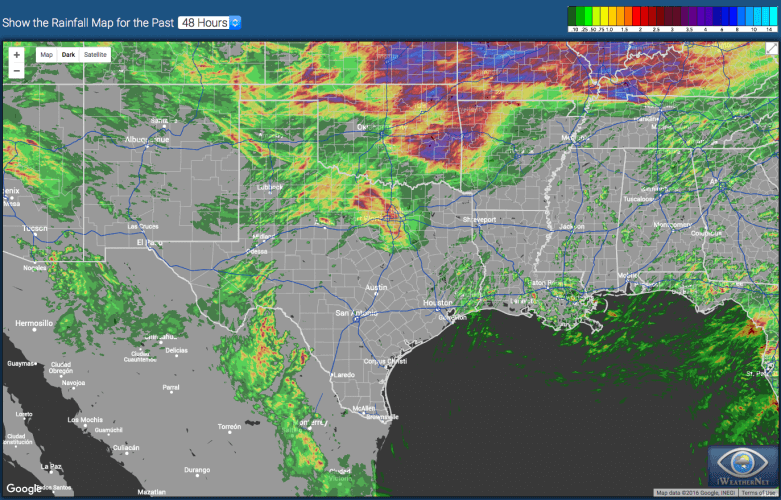 2-day rainfall across the South, including Texas, from July 3-4, 2016. On the 4th, 3.2" of rain fell at DFW, shattering the daily record by 141%.