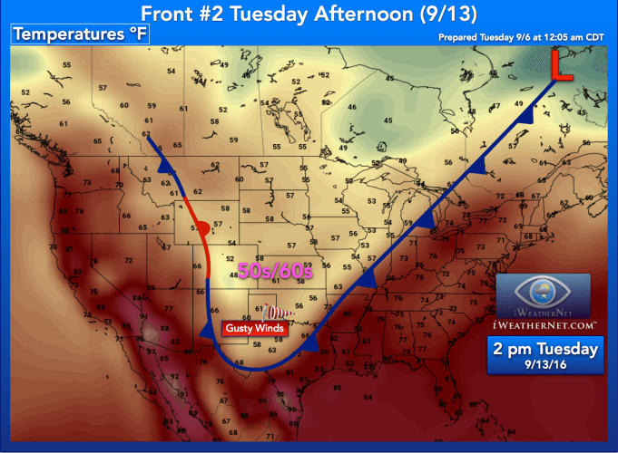 Cold Front Forecast Position on Tuesday 9-13-16