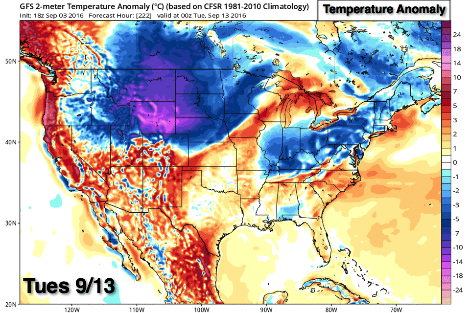Computer model animation of the cooler airmass moving into the Southern Plains next week (9/12-19)