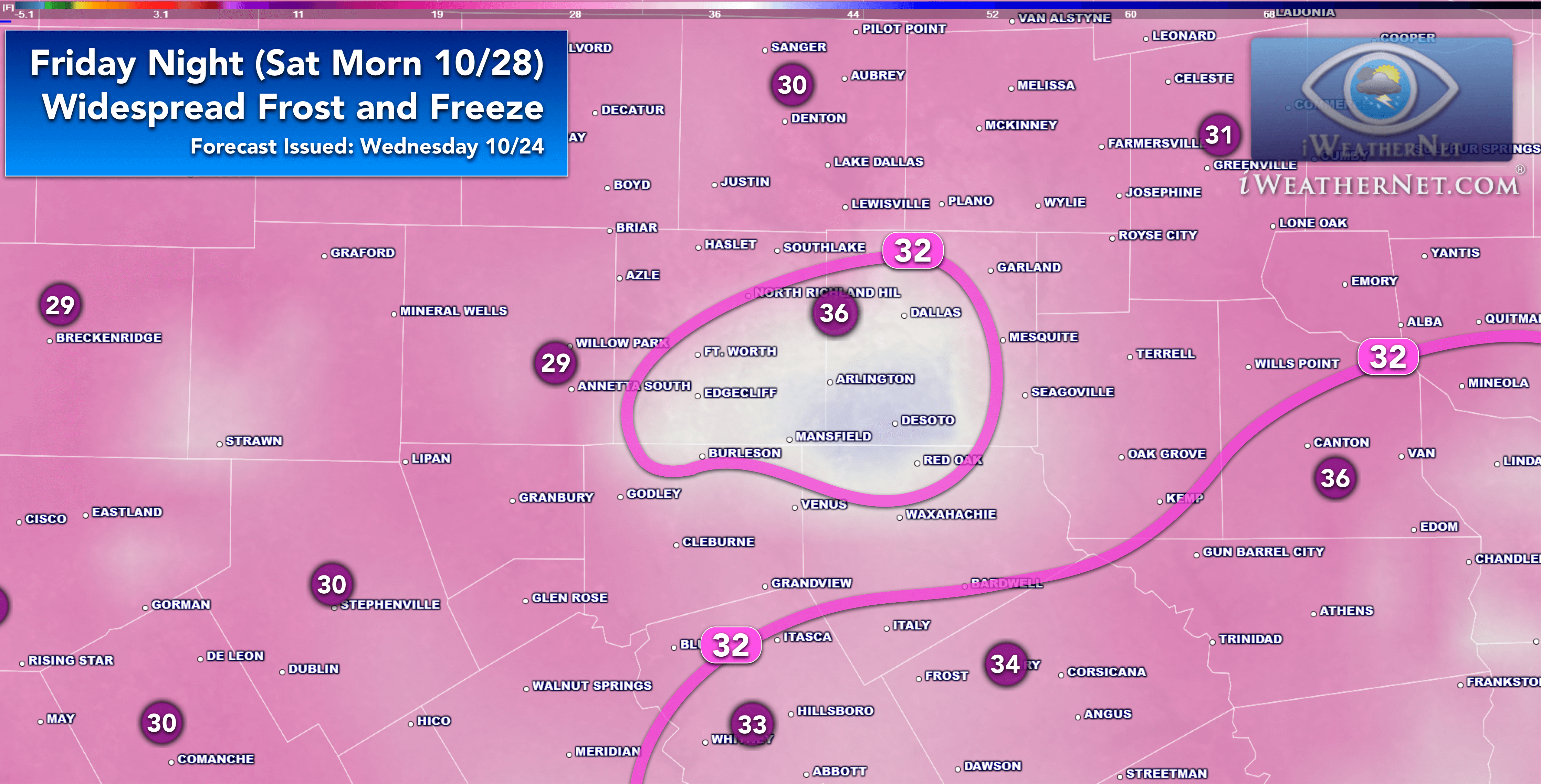 frost and freezing temperatures likely over much of North Texas this upcoming Friday night (10/27/17).
